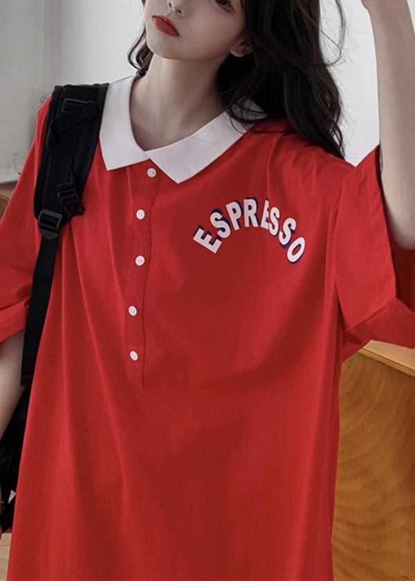 Plus Size Red Turn-down Collar Graphic Holiday Summer Cotton Dress - Omychic