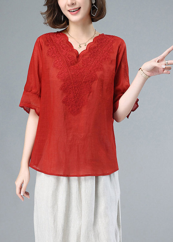 Plus Size Red V Neck Embroideried Patchwork Linen Tops Summer