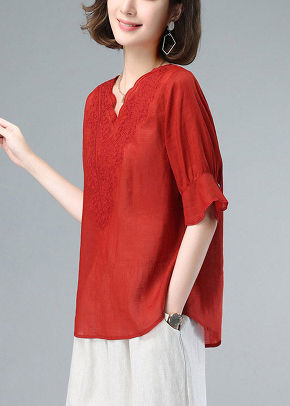 Plus Size Red V Neck Embroideried Patchwork Linen Tops Summer