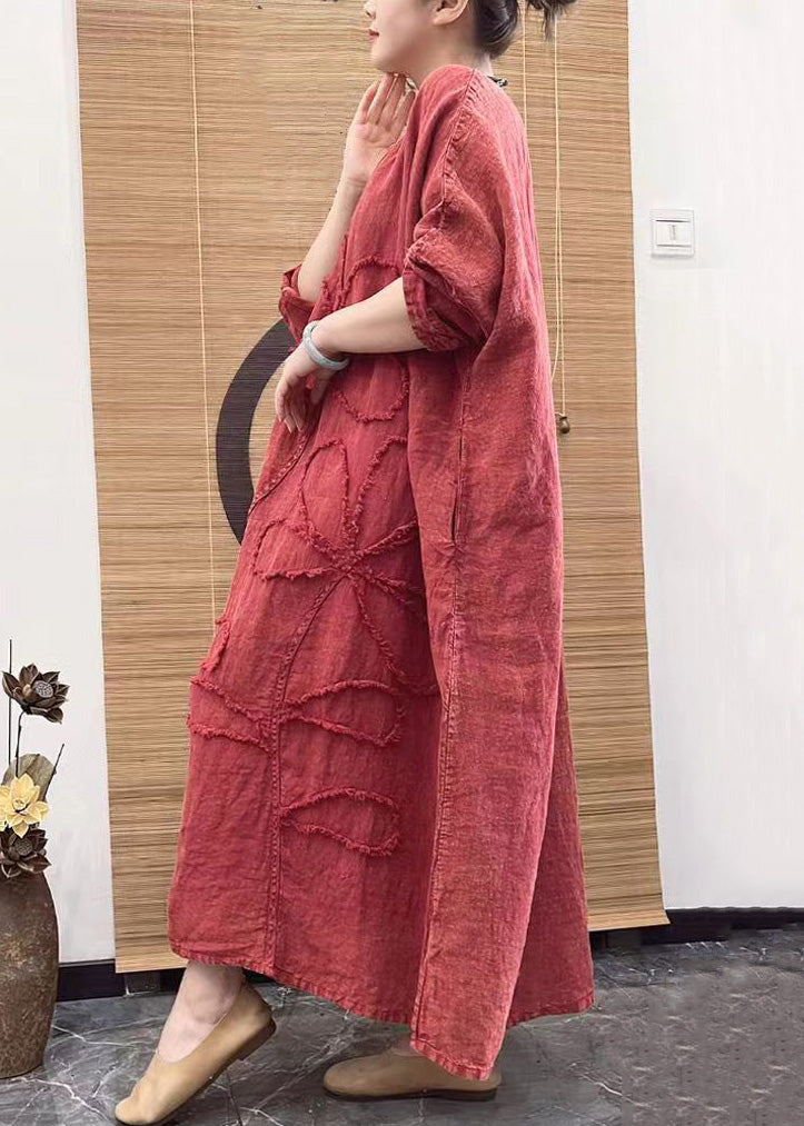 Plus Size Red V Neck Embroidery Patchwork Linen Dress Long Sleeve