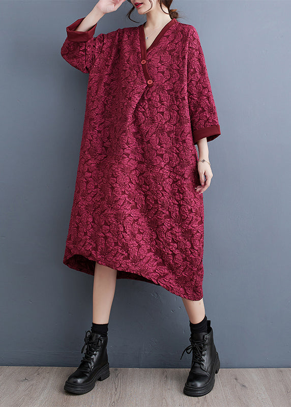 Plus Size Red V Neck Jacquard Patchwork Cotton Dress Fall