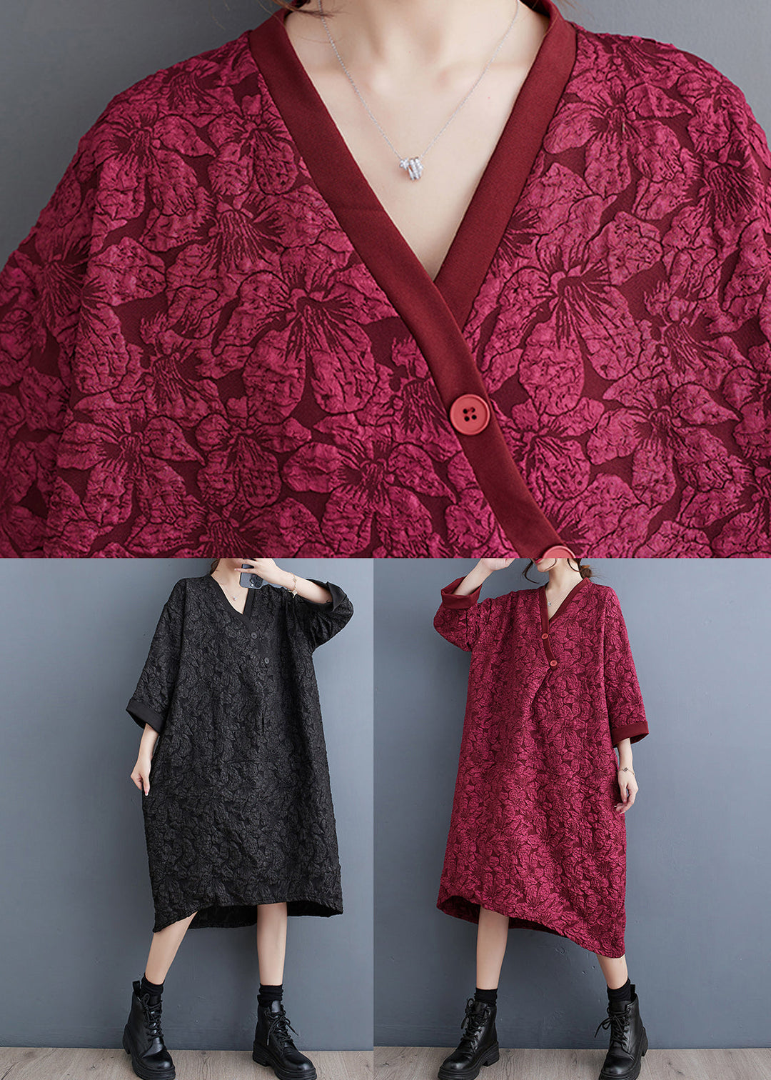 Plus Size Red V Neck Jacquard Patchwork Cotton Dress Fall