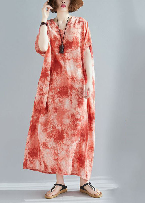 Plus Size Red V Neck Oversized Tie Dye Cotton Dress Summer
