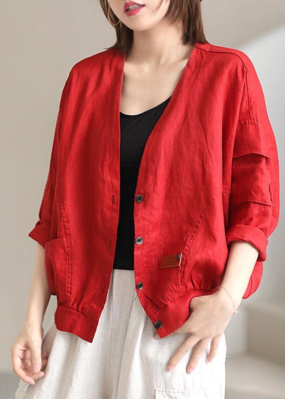 Plus Size Red V Neck Pockets Fall Coats Long sleeve - Omychic