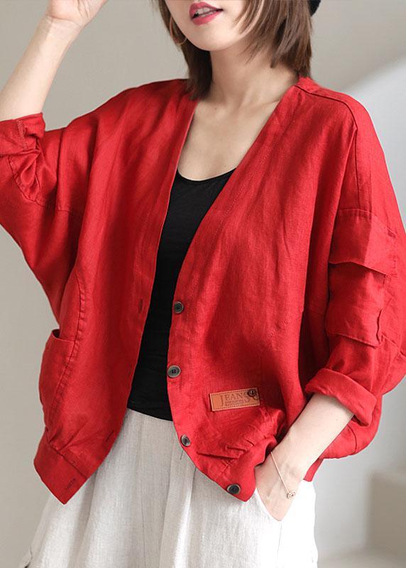 Plus Size Red V Neck Pockets Fall Coats Long sleeve - Omychic