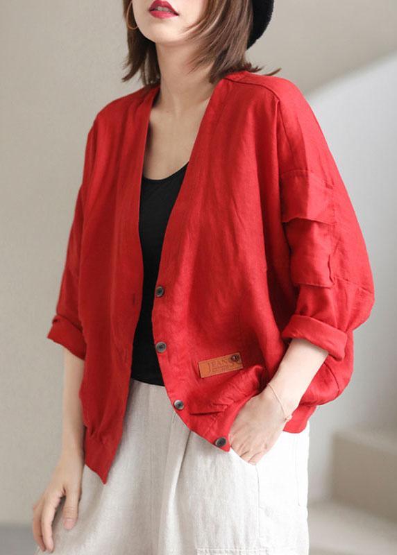 Plus Size Red V Neck Pockets Fall Coats Long sleeve - Omychic