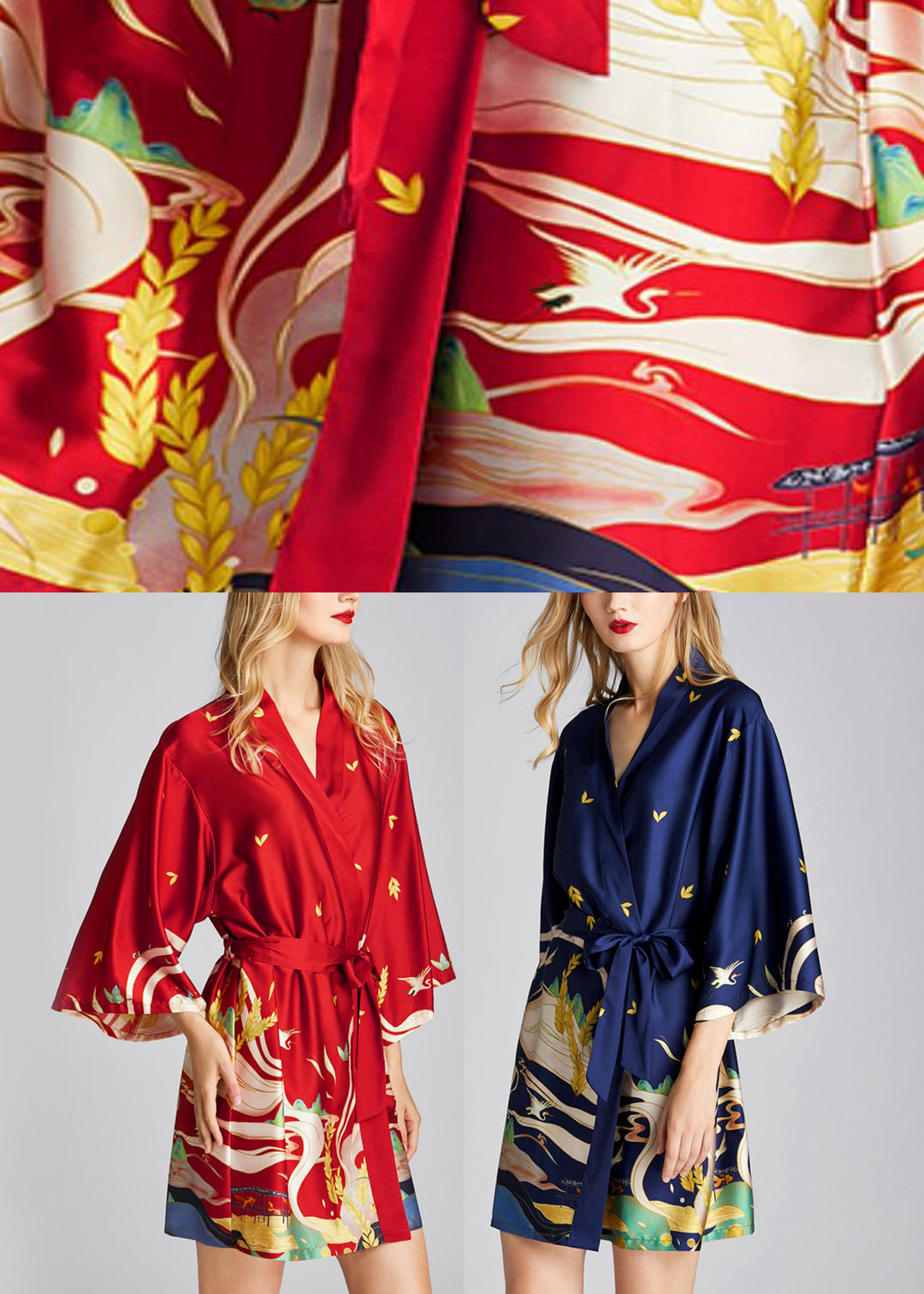 Plus Size Red V Neck Print Ice Silk Mid Dresses Spring