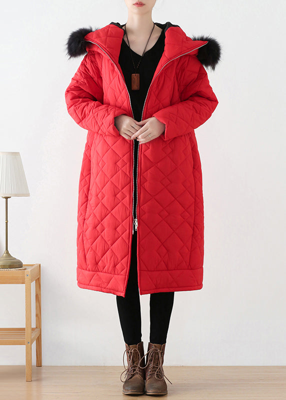 Plus Size Red Zippered Thick Hooded Long Parka Winter