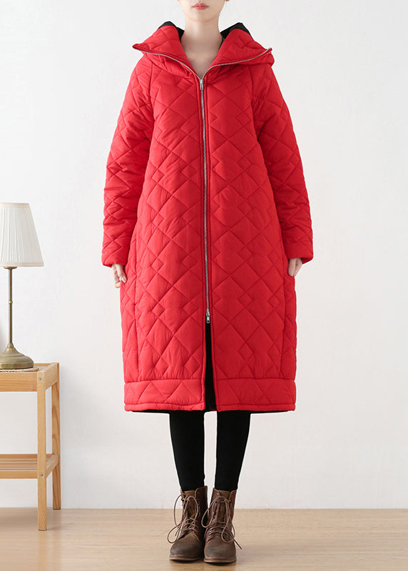 Plus Size Red Zippered Thick Hooded Long Parka Winter