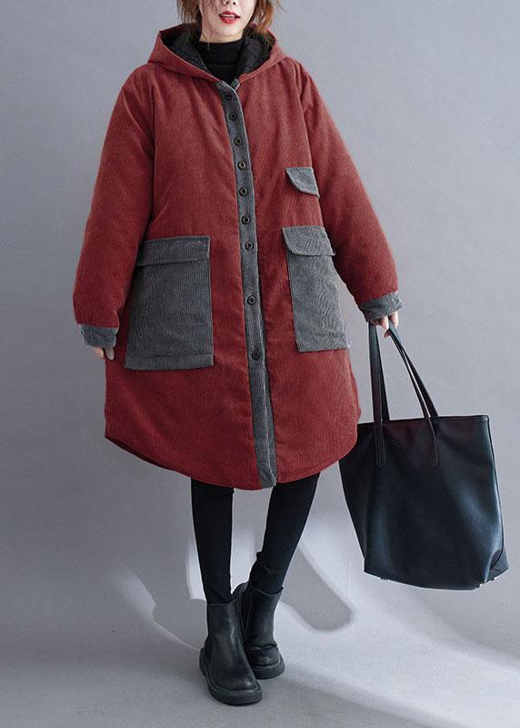 Plus Size Red hooded Button Corduroy Winter Cotton Long Coat sleeve - Omychic
