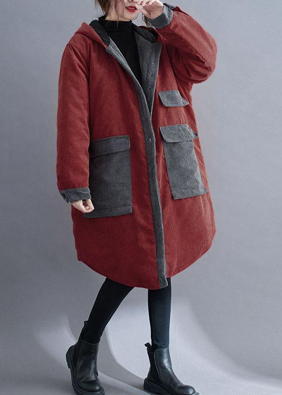 Plus Size Red hooded Button Corduroy Winter Cotton Long Coat sleeve - Omychic