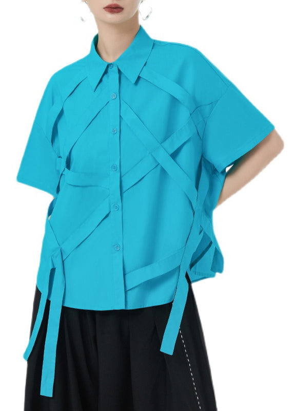 Plus Size Royal Blue Tasseled Button Patchwork Cotton Shirts Summer