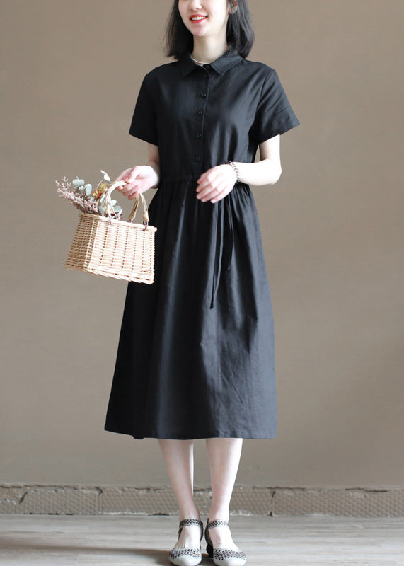 Plus Size Solid Black Drawstring Peter Pan Collar Button Cotton Linen Shirt Dress Short Sleeve