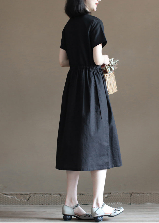 Plus Size Solid Black Drawstring Peter Pan Collar Button Cotton Linen Shirt Dress Short Sleeve