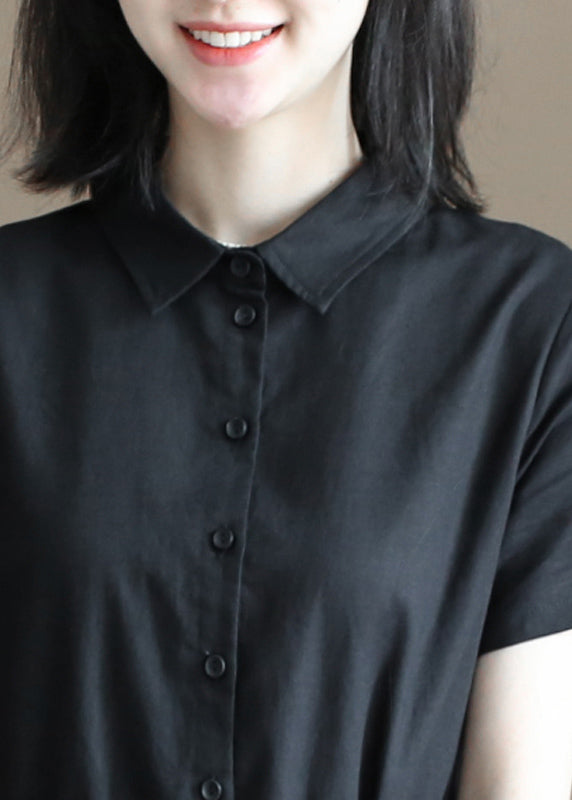 Plus Size Solid Black Drawstring Peter Pan Collar Button Cotton Linen Shirt Dress Short Sleeve