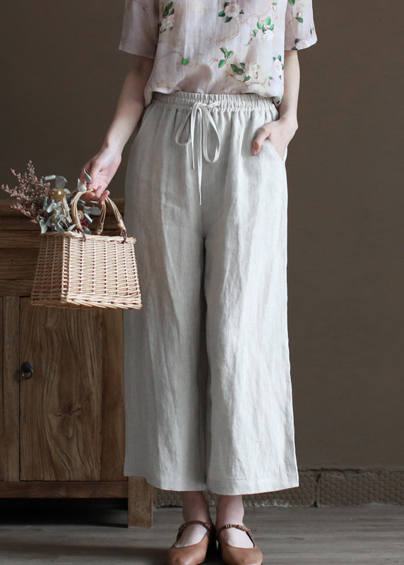 Plus Size Solid Linen Colour White Elastic Waist Pockets Linen Wide Leg Pants Summer