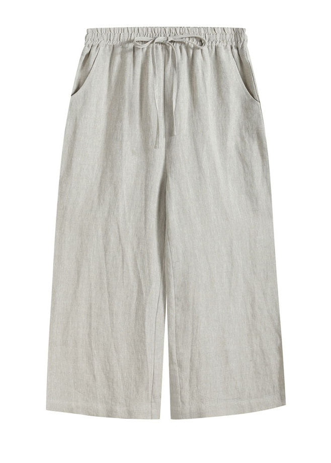 Plus Size Solid Linen Colour White Elastic Waist Pockets Linen Wide Leg Pants Summer