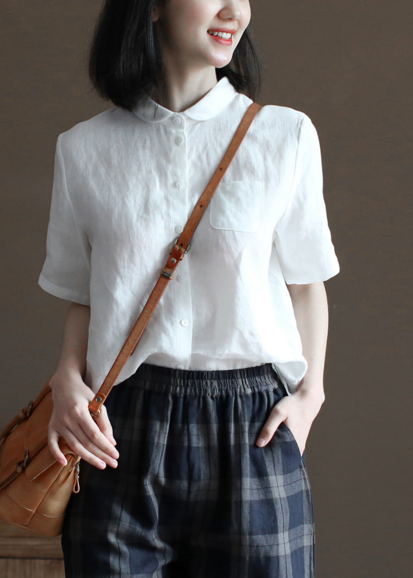 Plus Size Solid White Peter Pan Collar Pocket Linen Shirts Half Sleeve
