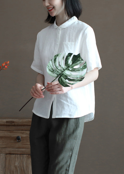 Plus Size Solid White Peter Pan Collar Pocket Linen Shirts Half Sleeve