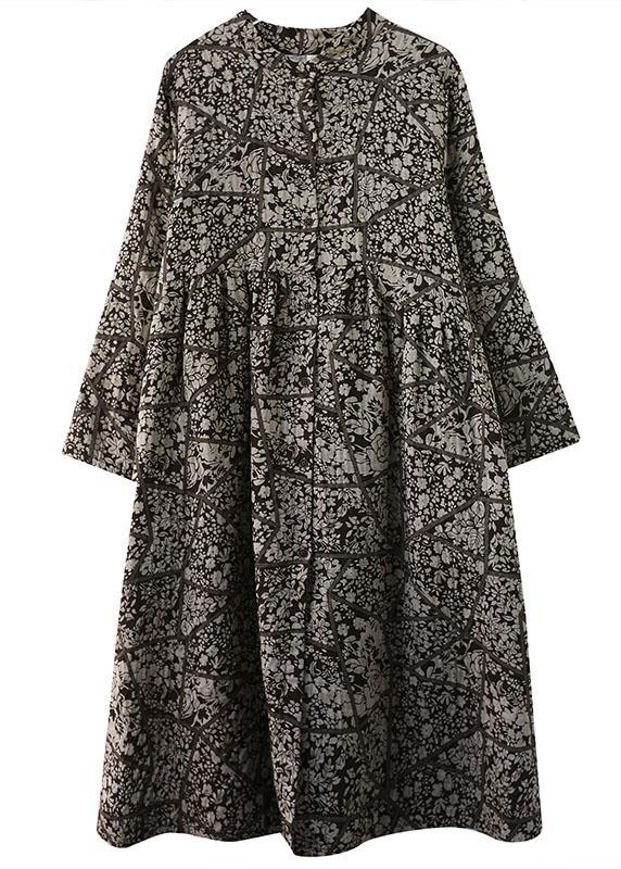 Plus Size Stand Collar Button Print Patchwork Fall Maxi Dresses Long sleeve - Omychic