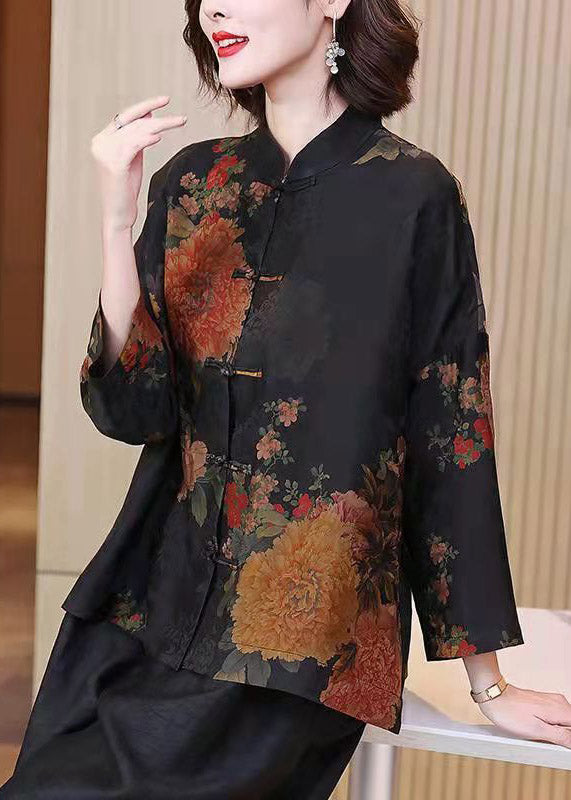 Plus Size Stand Collar Print Button Silk Shirt Long Sleeve