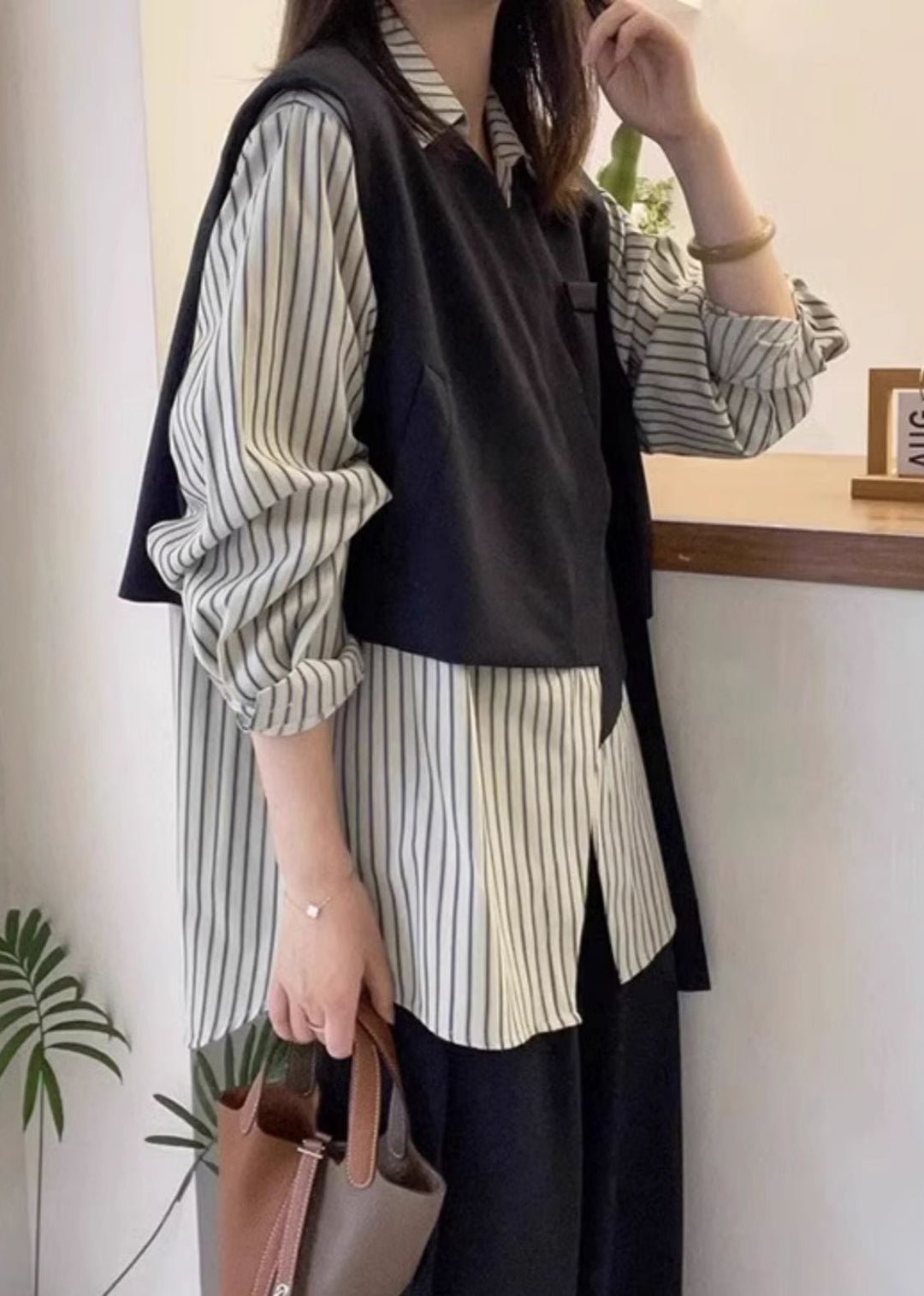 Plus Size Striped Asymmetrical Button Cotton Shirt Long Sleeve