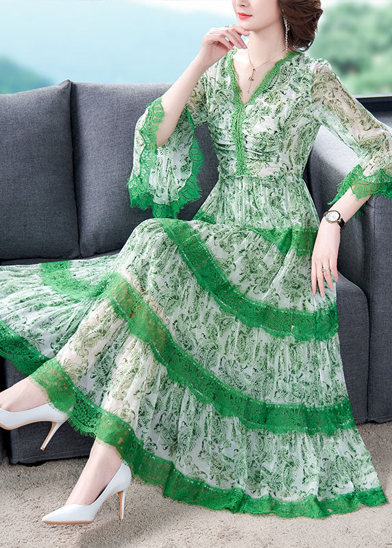Plus Size Unique Green V Neck Print Lace Dress Spring