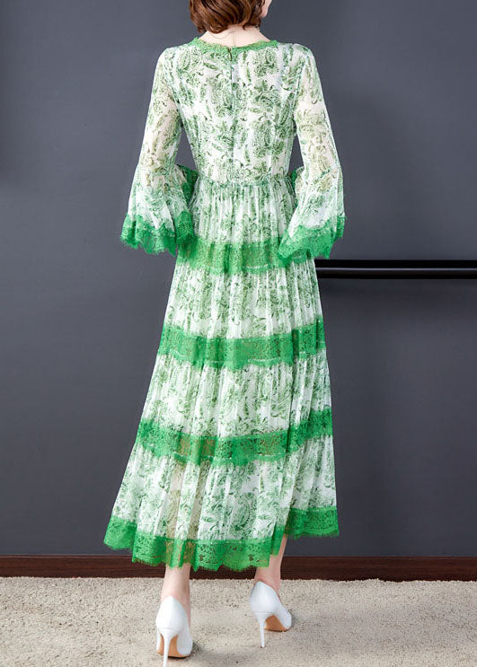 Plus Size Unique Green V Neck Print Lace Dress Spring