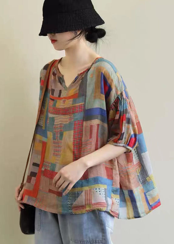 Plus Size V Neck Geometric Print Patchwork Linen T Shirts Top Summer