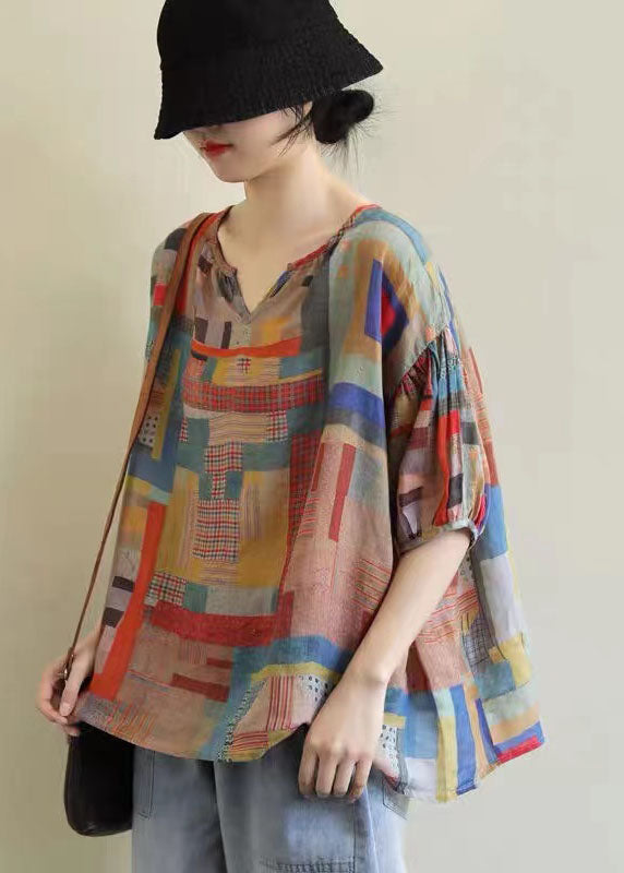 Plus Size V Neck Geometric Print Patchwork Linen T Shirts Top Summer