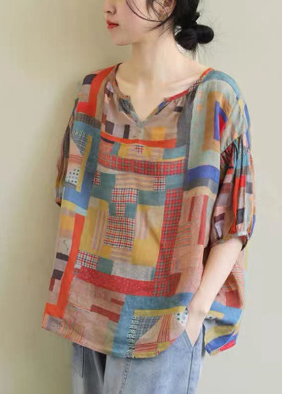 Plus Size V Neck Geometric Print Patchwork Linen T Shirts Top Summer