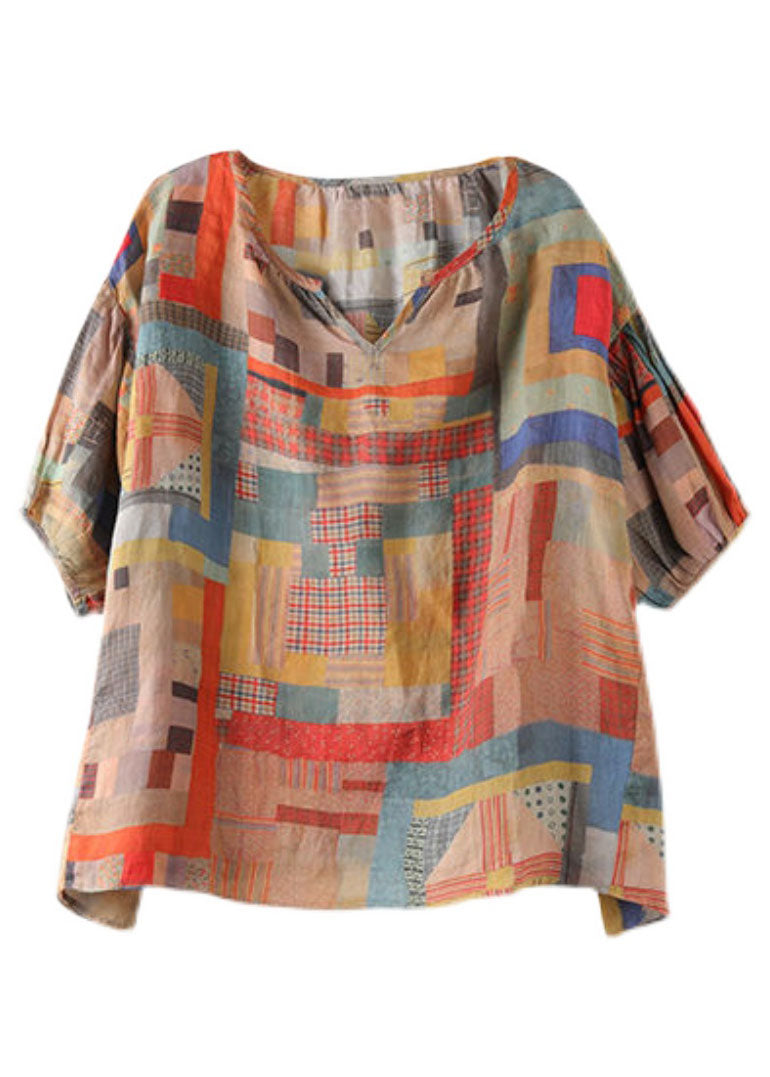 Plus Size V Neck Geometric Print Patchwork Linen T Shirts Top Summer