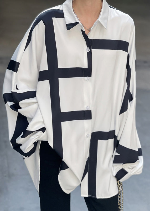 Plus Size White Asymmetrical Striped Patchwork Cotton Tops Long Sleeve