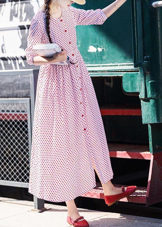 Plus Size White Dot Cinched Button Long Summer Cotton Dress - Omychic