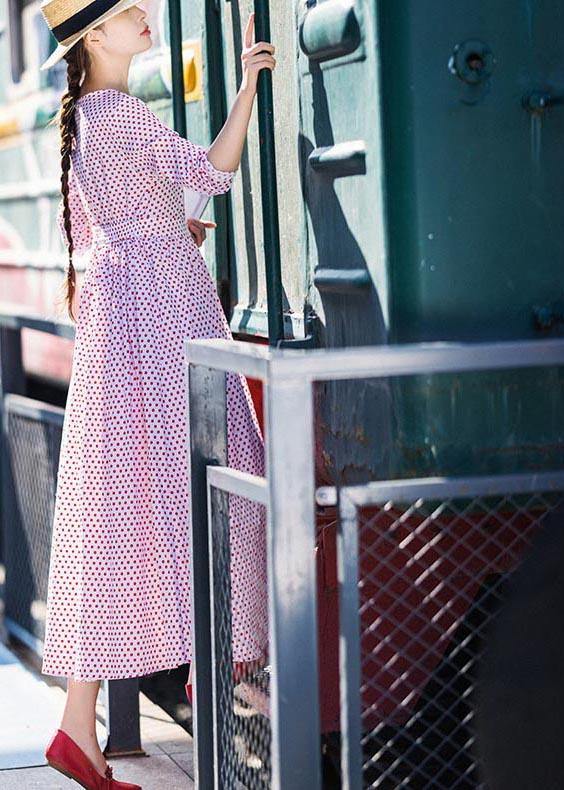 Plus Size White Dot Cinched Button Long Summer Cotton Dress - Omychic
