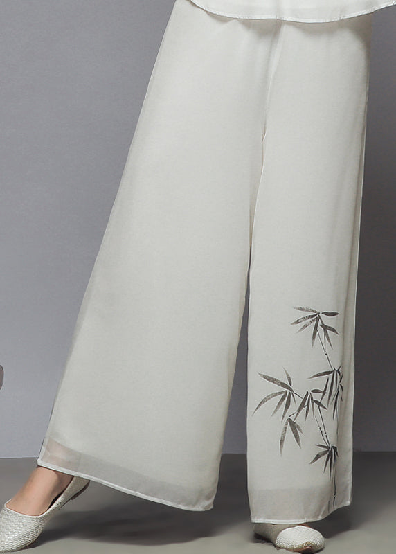 Plus Size White Elastic Waist Print Draping Chiffon Wide Leg Pants Summer