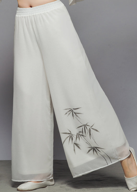 Plus Size White Elastic Waist Print Draping Chiffon Wide Leg Pants Summer