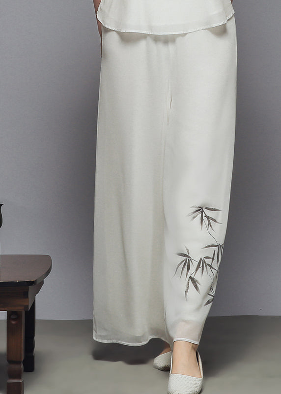 Plus Size White Elastic Waist Print Draping Chiffon Wide Leg Pants Summer