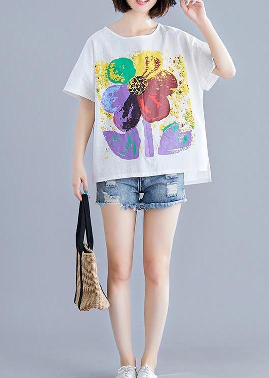 Plus Size White Floral Cotton Linen Summer Shirt Tops - Omychic