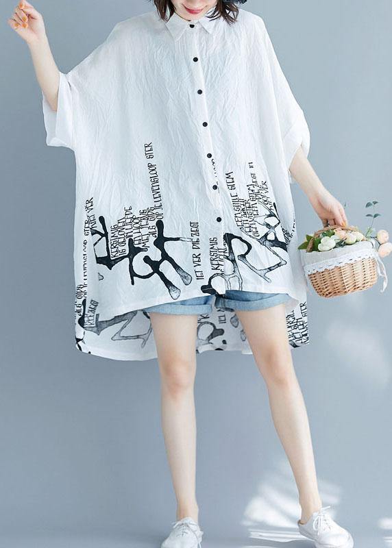 Plus Size White Graphic Peter Pan Collar Cotton Tops Summer - Omychic