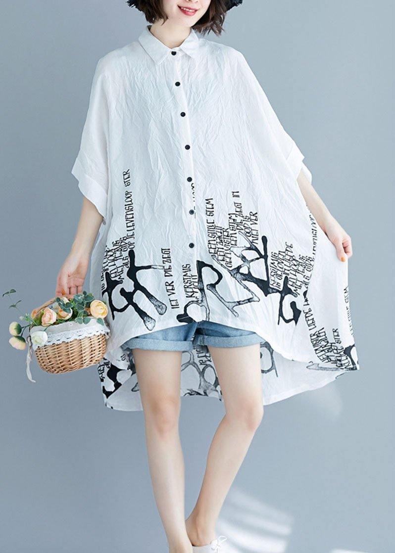 Plus Size White Graphic Peter Pan Collar Cotton Tops Summer - Omychic