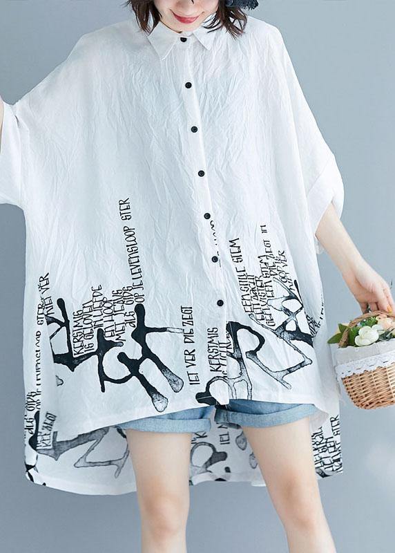 Plus Size White Graphic Peter Pan Collar Cotton Tops Summer - Omychic