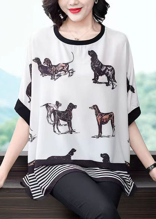 Plus Size White O-Neck Animal Print Patchwork Chiffon Tops Batwing Sleeve