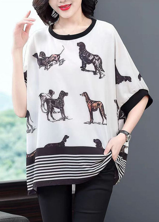 Plus Size White O-Neck Animal Print Patchwork Chiffon Tops Batwing Sleeve