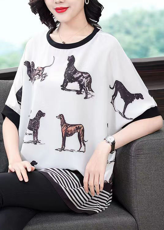 Plus Size White O-Neck Animal Print Patchwork Chiffon Tops Batwing Sleeve