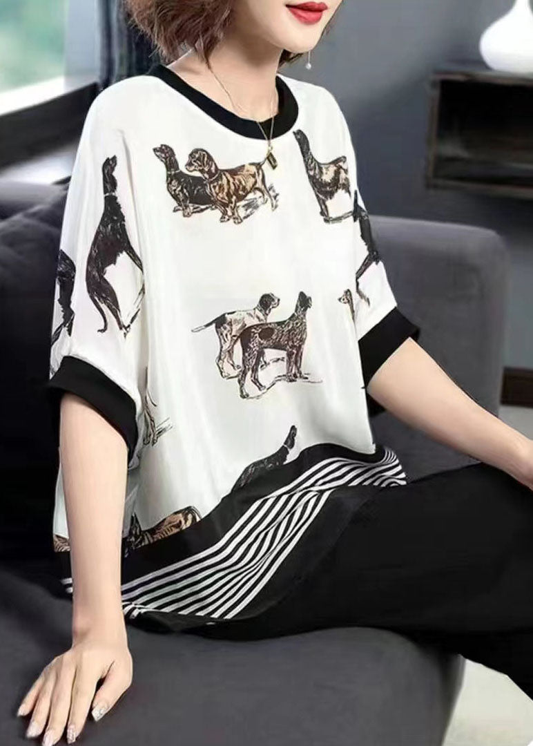 Plus Size White O-Neck Animal Print Patchwork Chiffon Tops Batwing Sleeve