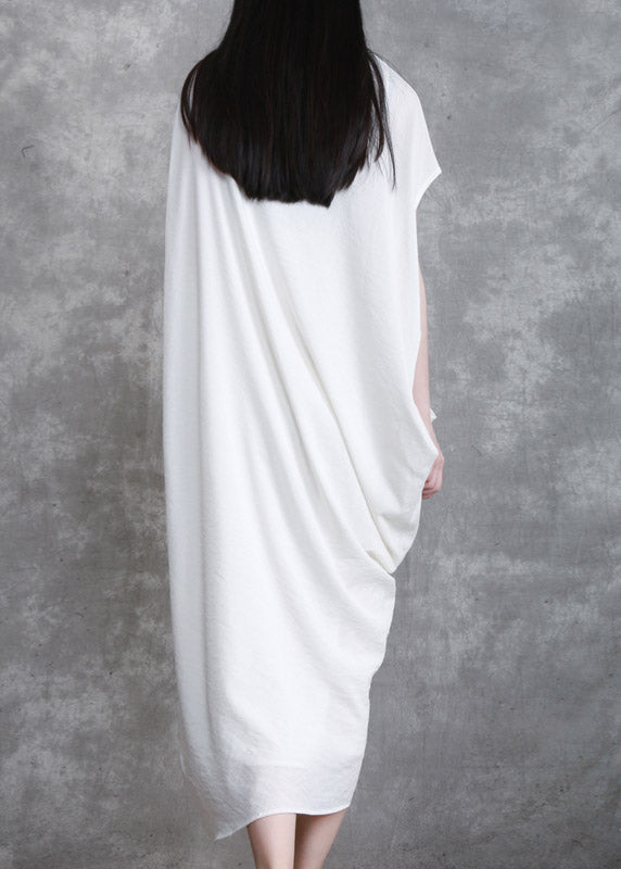 Plus Size White O-Neck Asymmetrical Wrinkled Linen Dress Short Sleeve