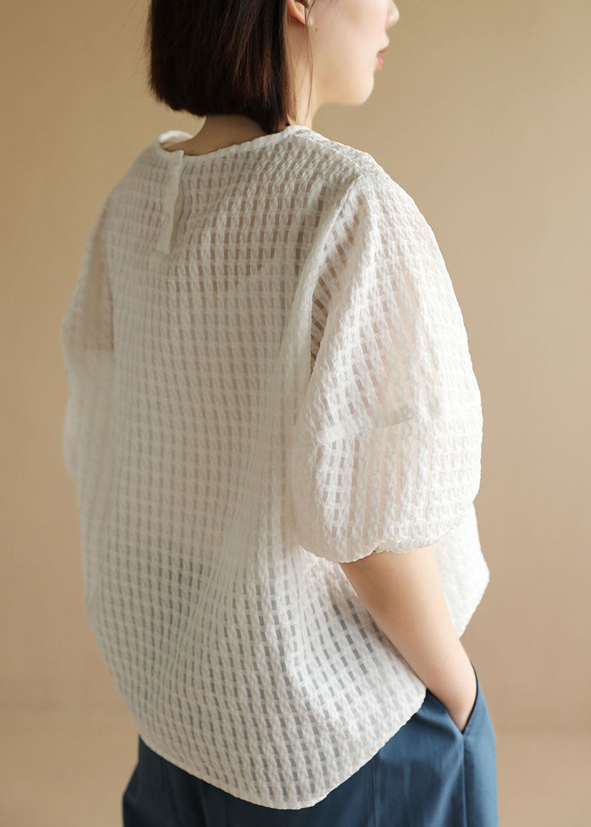 Plus Size White O-Neck Plaid Cotton Blouse Top Half Sleeve