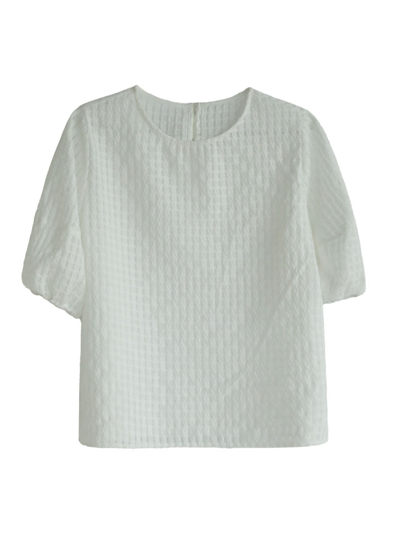 Plus Size White O-Neck Plaid Cotton Blouse Top Half Sleeve
