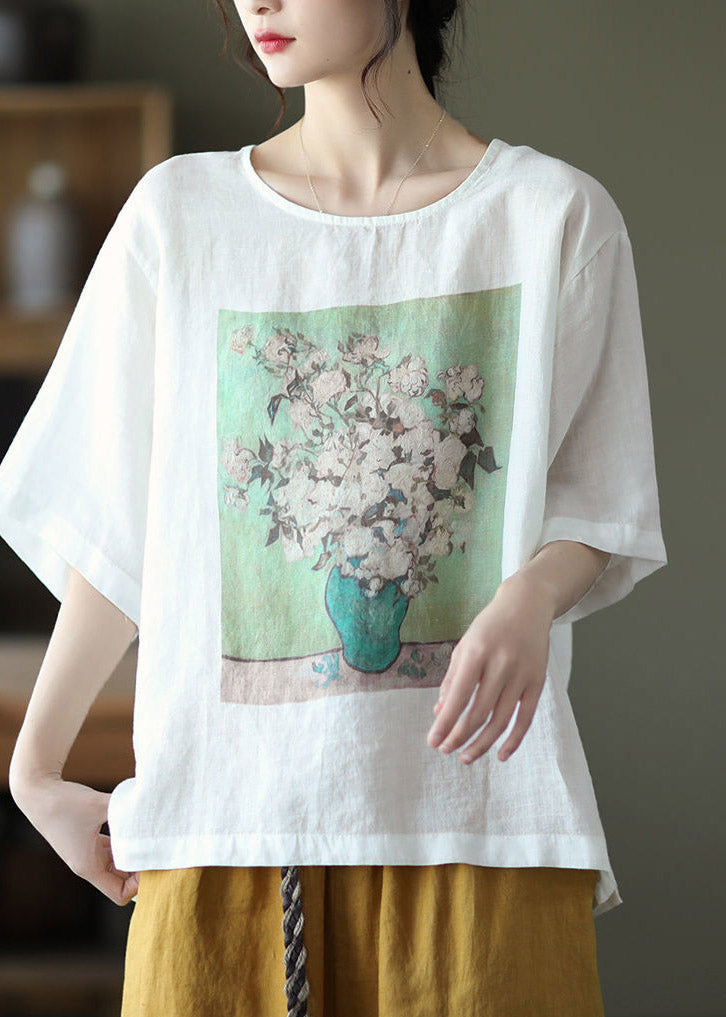 Plus Size White O-Neck Print Linen T Shirt Half Sleeve